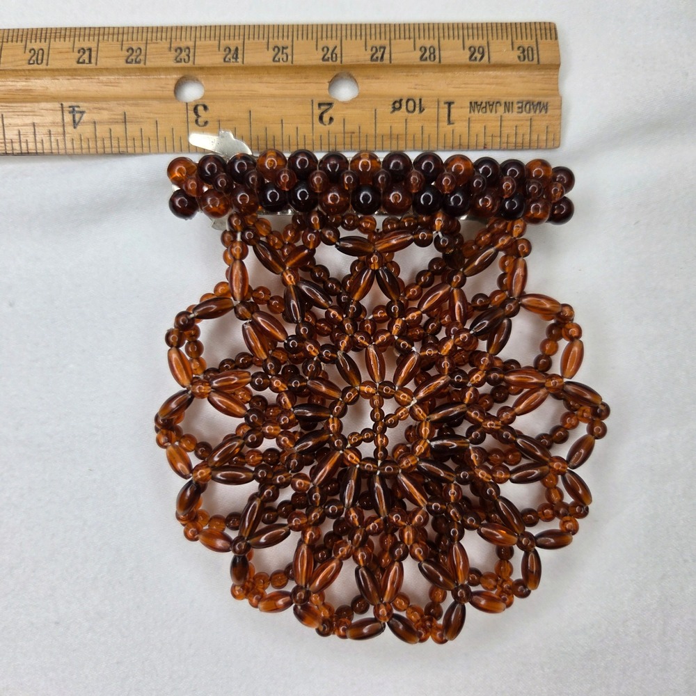 Vtg Brown Beaded Hair Barrette Bun Cover Snood Made in Japan Clip Floral